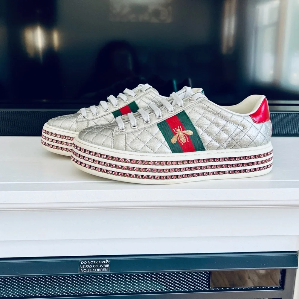 Gucci Silver Quilted Leather Bee Web Ace Crystal Embellished Platform Sneakers - Picture 2 of 16
